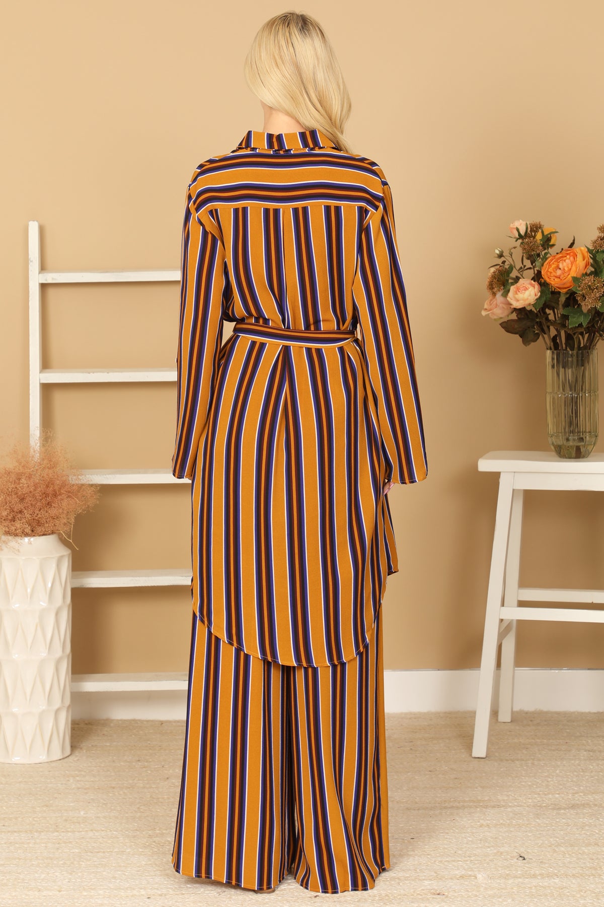 Striped Button-Front Belted Duster & Wide Leg Pants Set