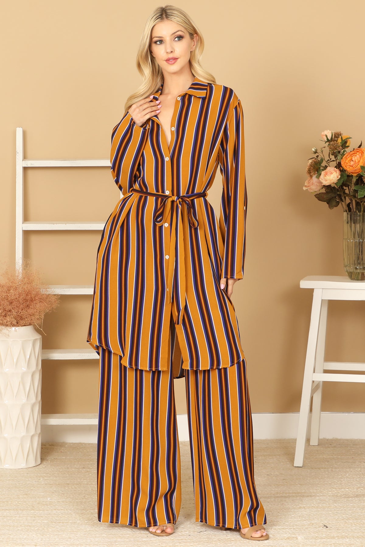 Striped Button-Front Belted Duster & Wide Leg Pants Set