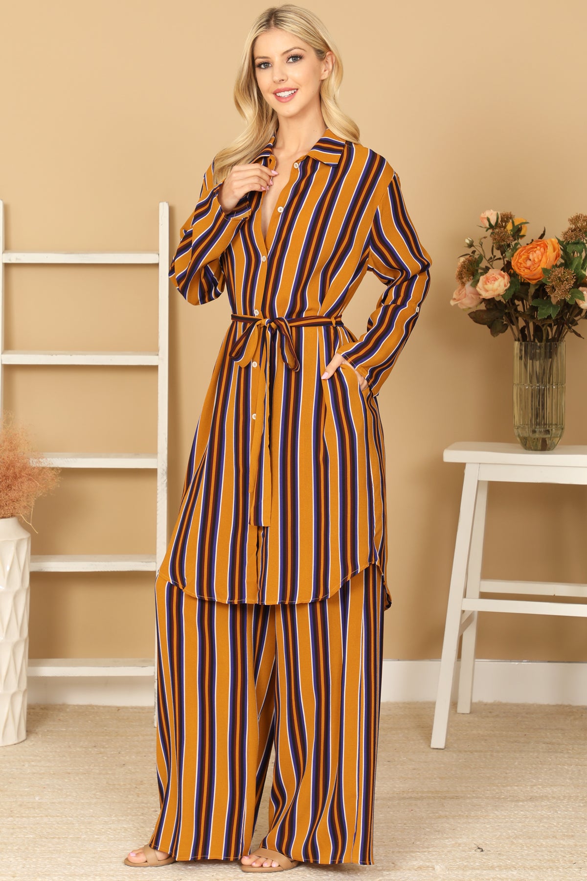 Striped Button-Front Belted Duster & Wide Leg Pants Set