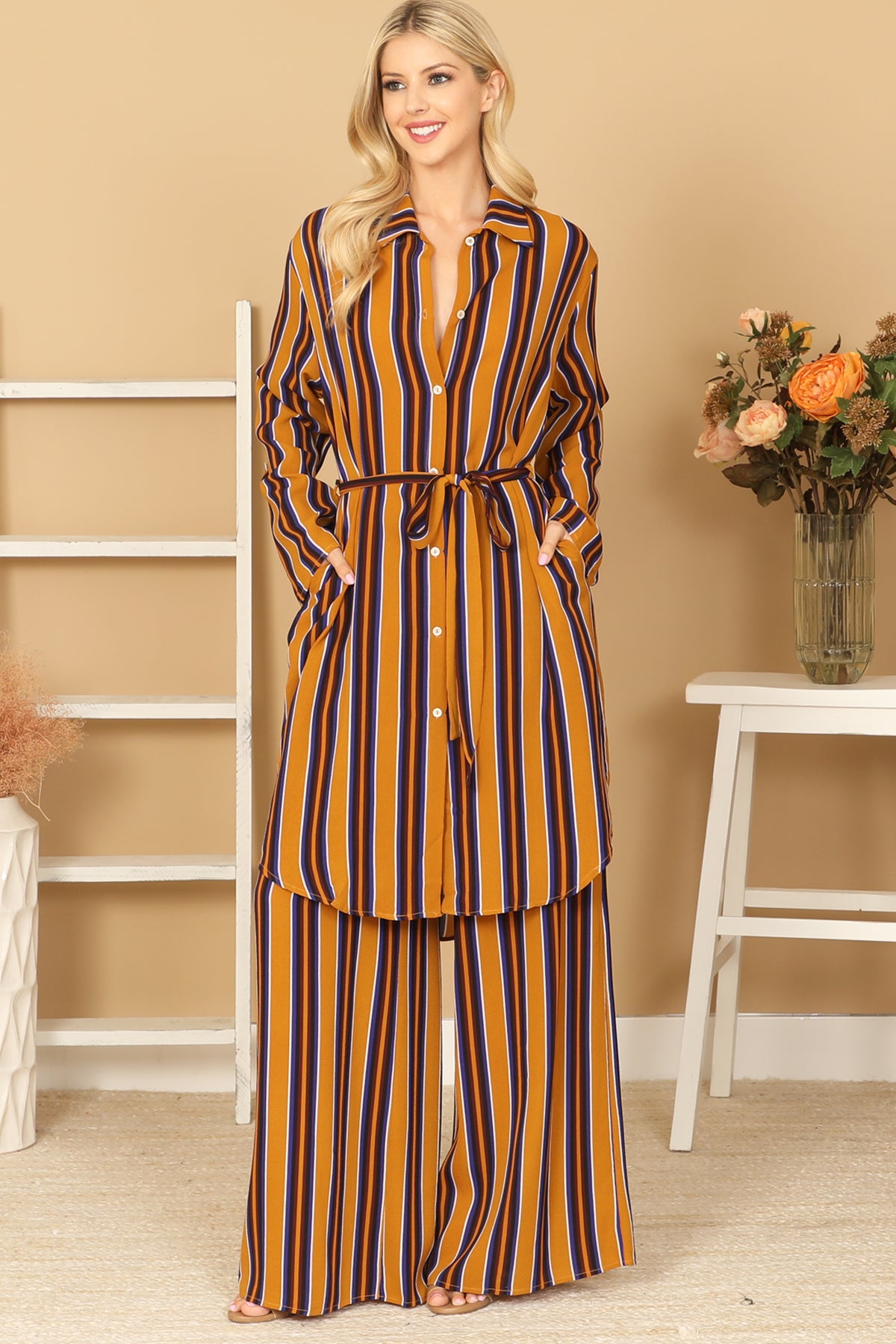 Striped Button-Front Belted Duster & Wide Leg Pants Set