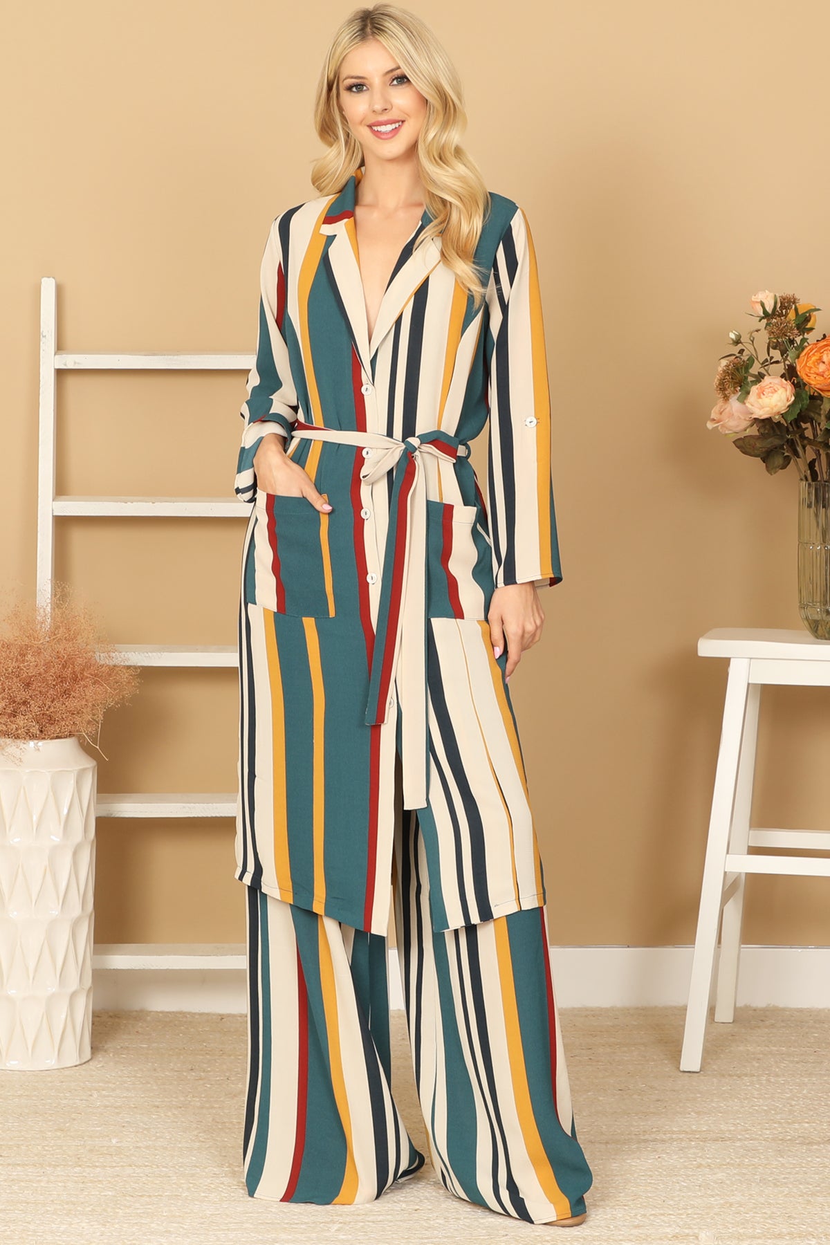 Multicolor Striped Belted Duster & Wide Leg Pants Set