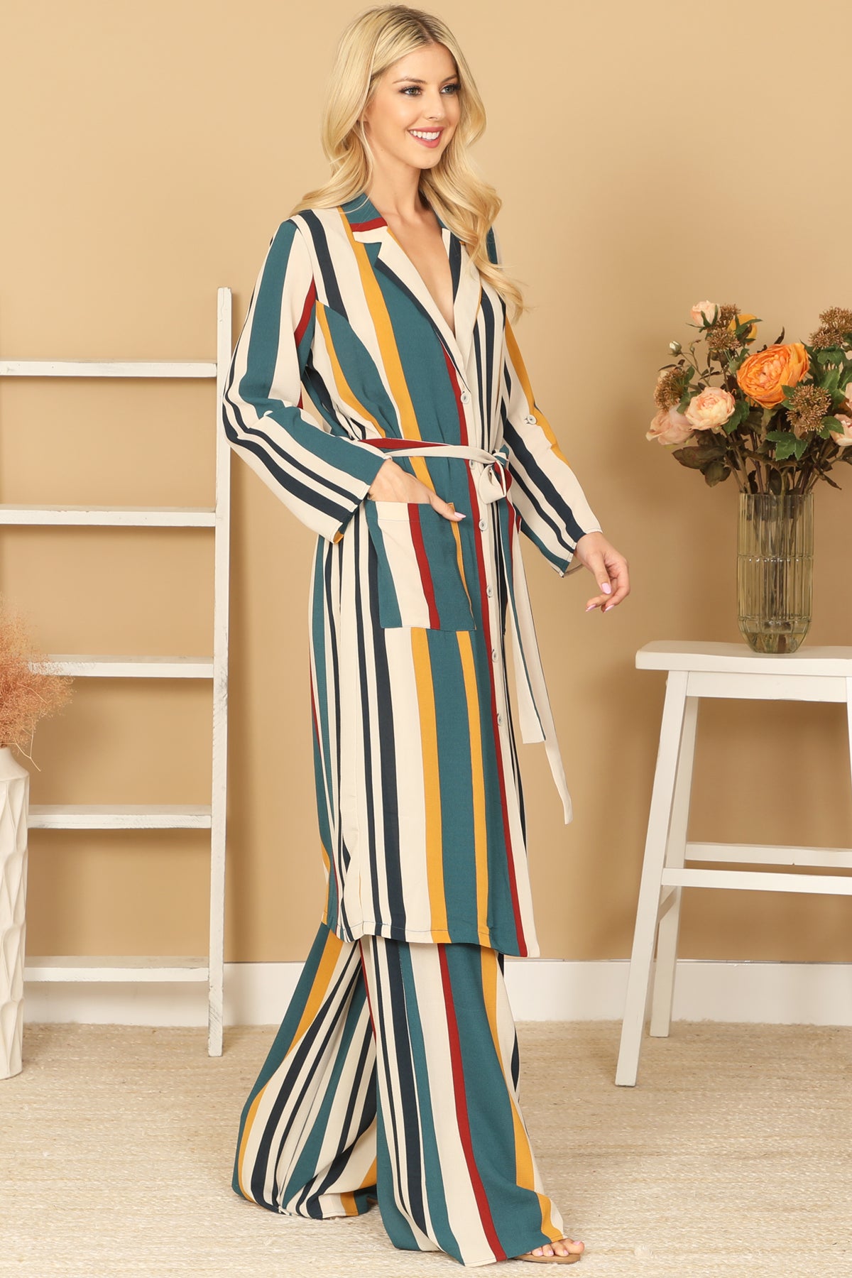 Multicolor Striped Belted Duster & Wide Leg Pants Set