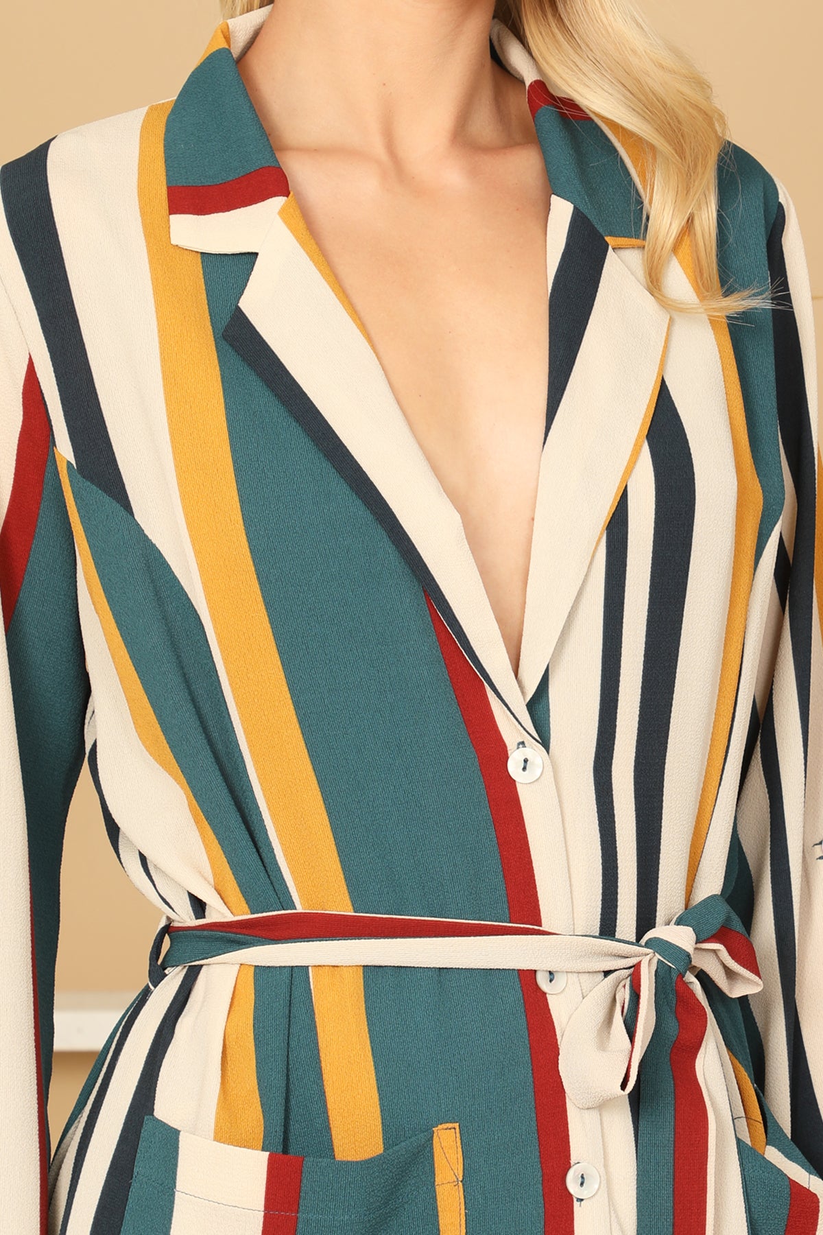 Multicolor Striped Belted Duster & Wide Leg Pants Set