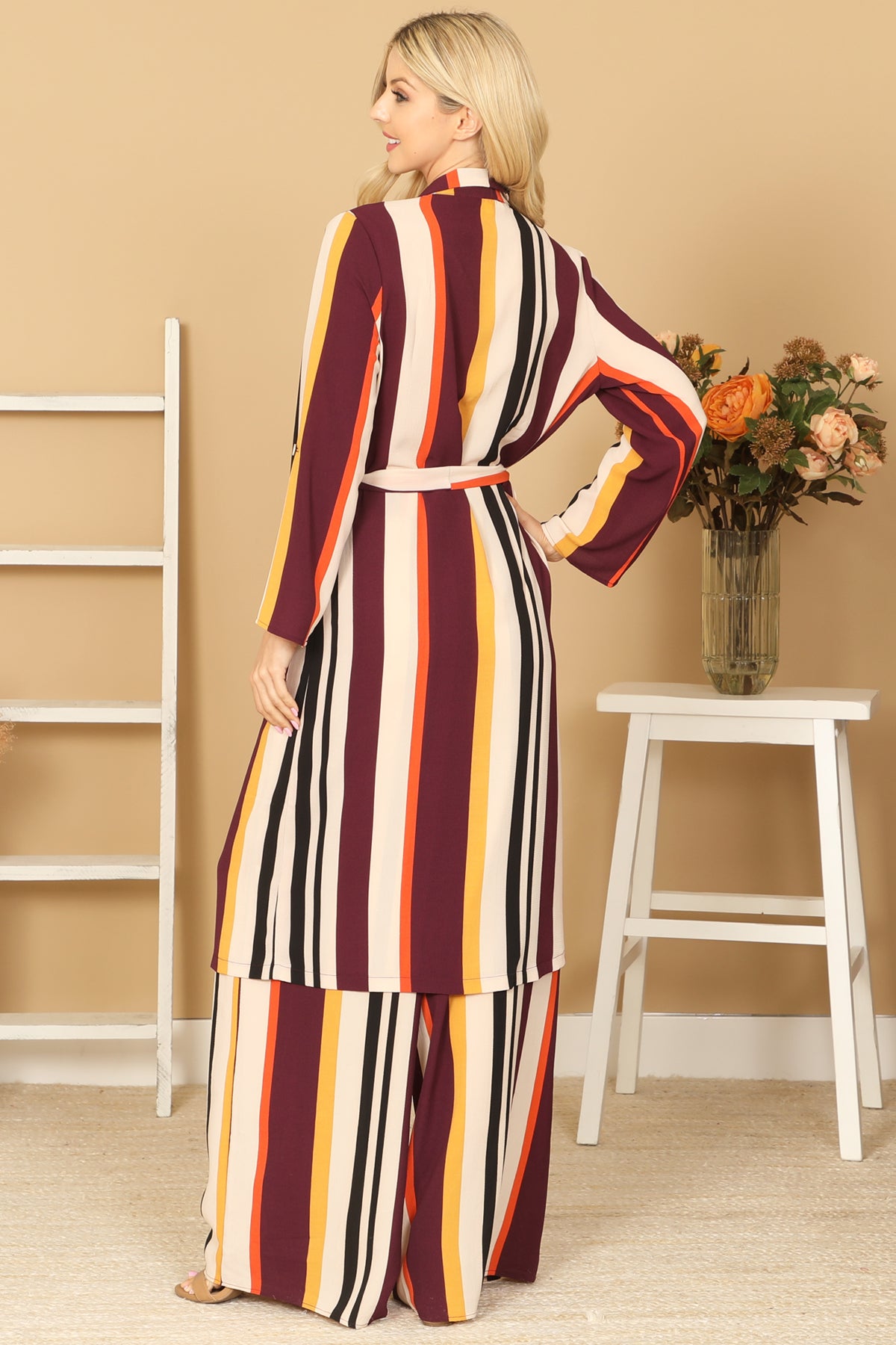 Multicolor Striped Belted Duster & Wide Leg Pants Set