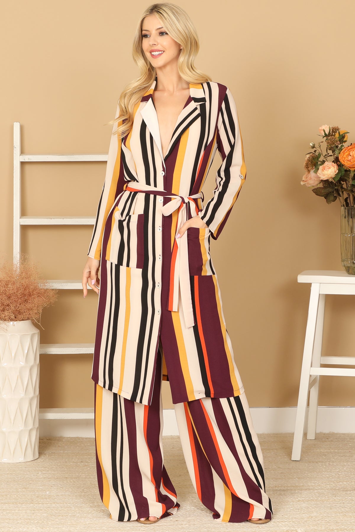 Multicolor Striped Belted Duster & Wide Leg Pants Set
