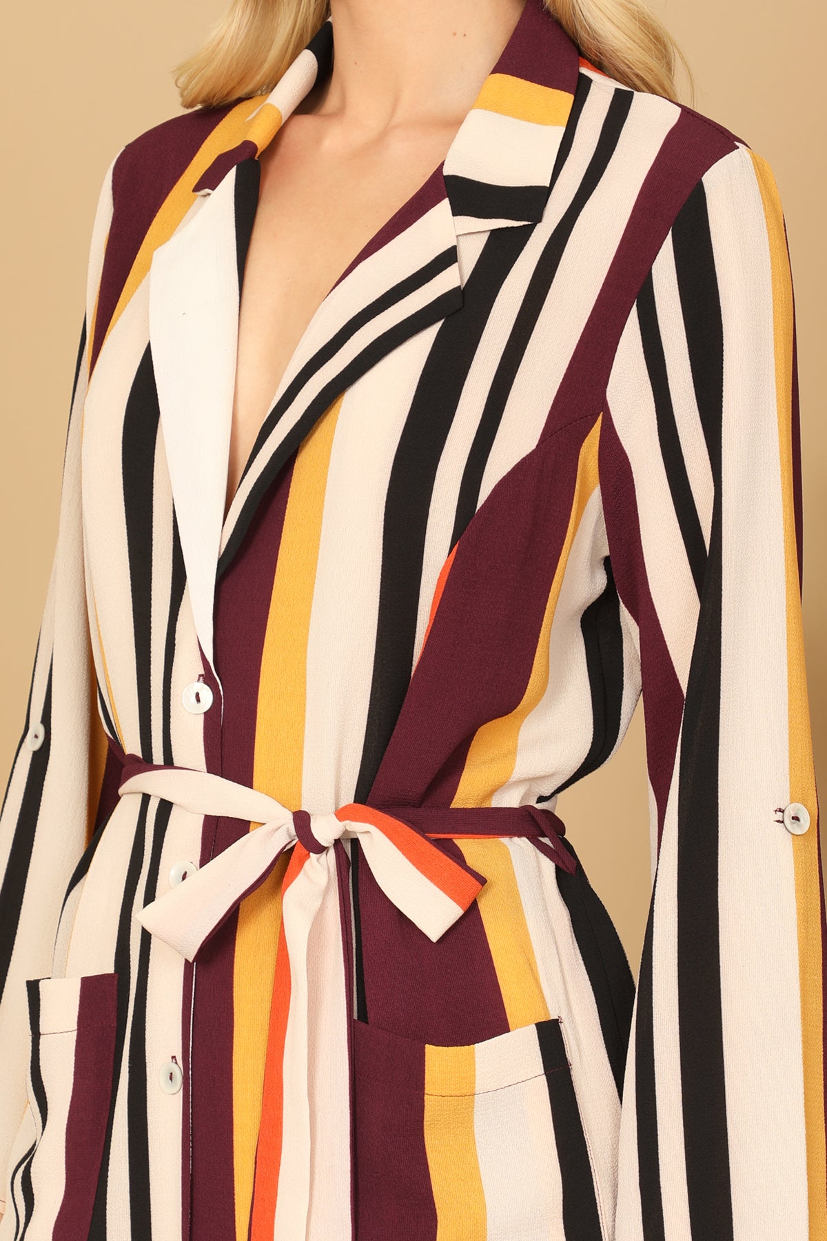 Multicolor Striped Belted Duster & Wide Leg Pants Set