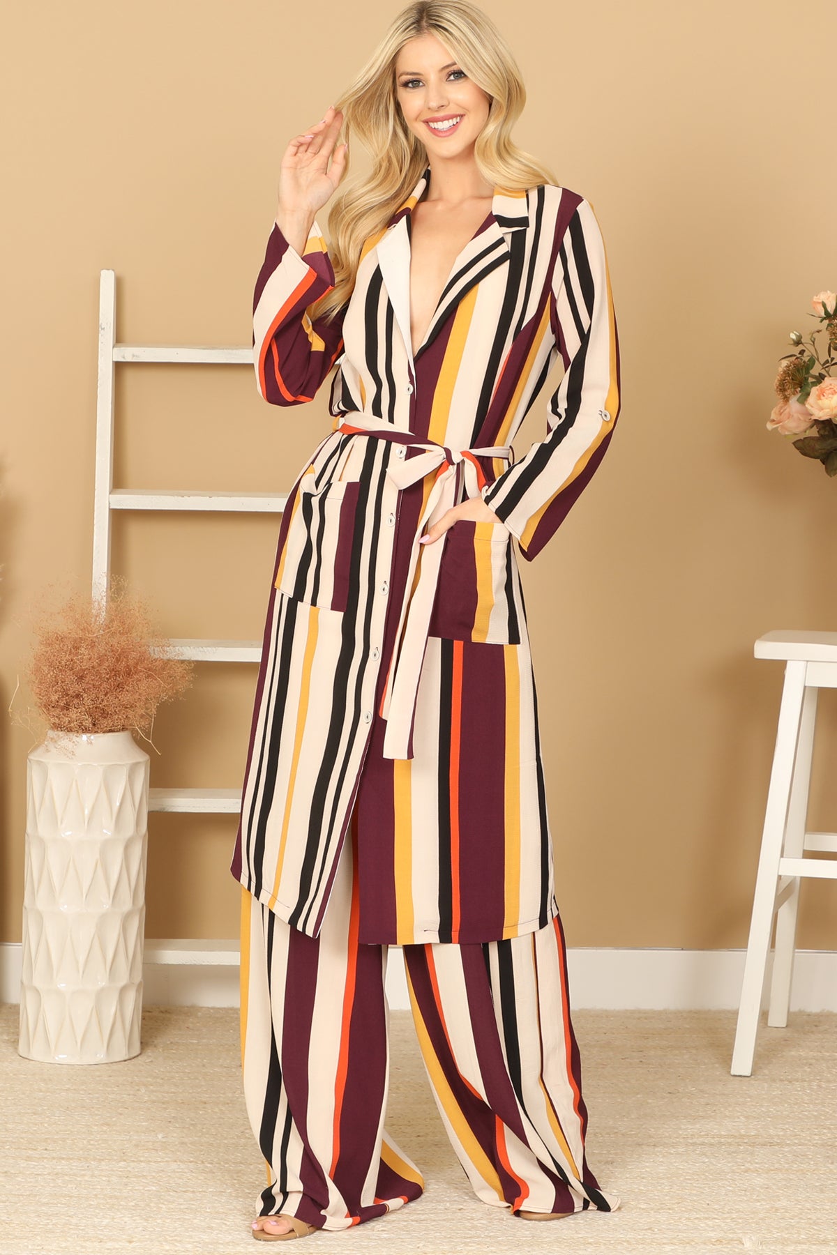 Multicolor Striped Belted Duster & Wide Leg Pants Set