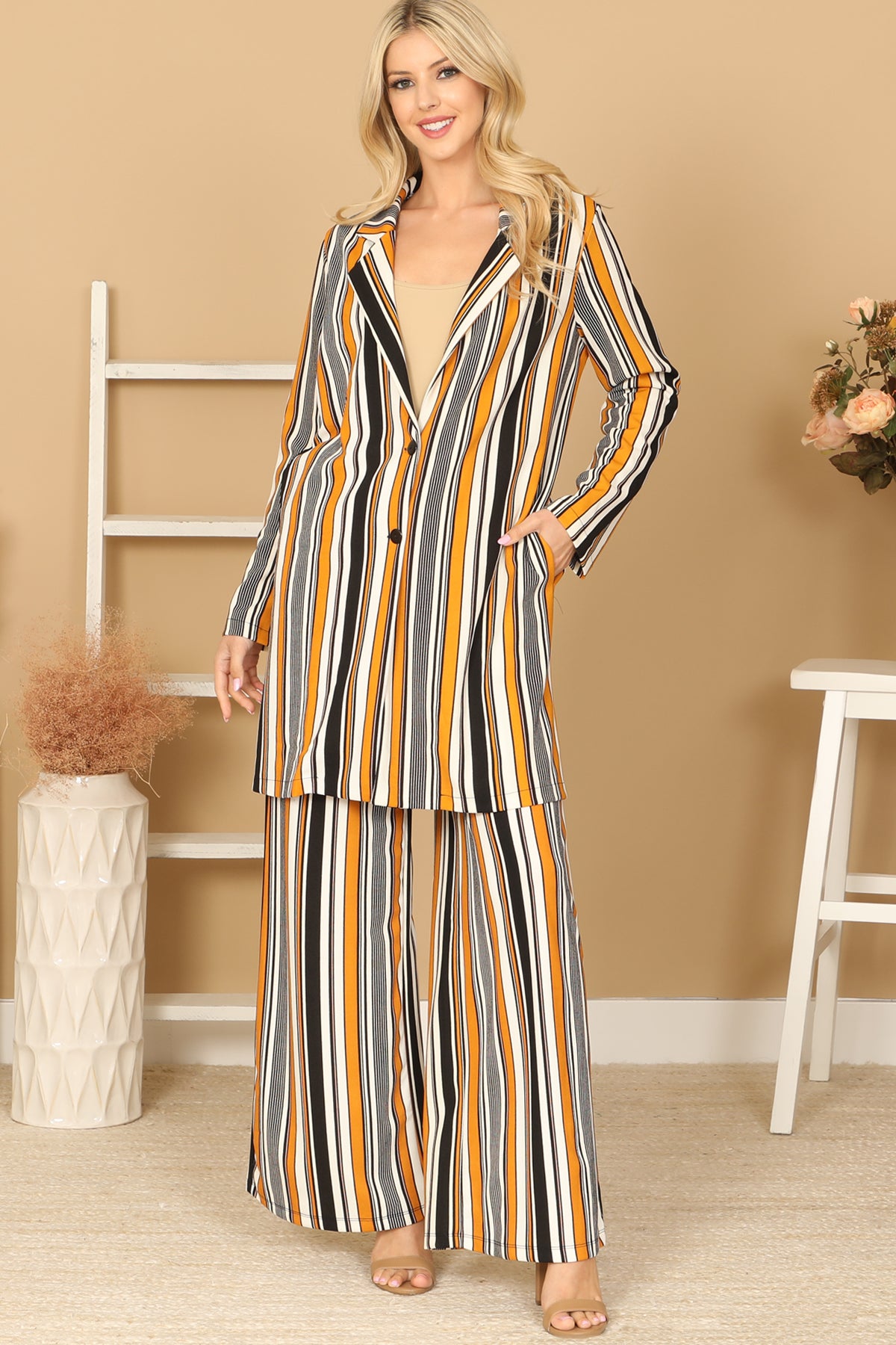 Striped Longline Blazer & Wide Leg Pants Set