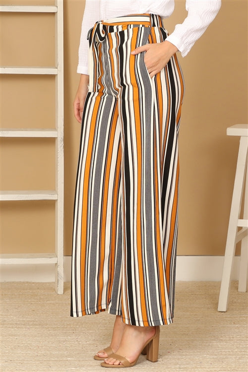 Plus Size High Waist Tie Waist Vertical Stripe Wide Leg Pants
