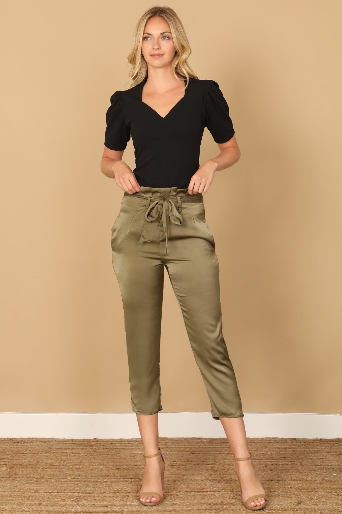High Waist Paperbag Tie Waist Cropped Satin Pants