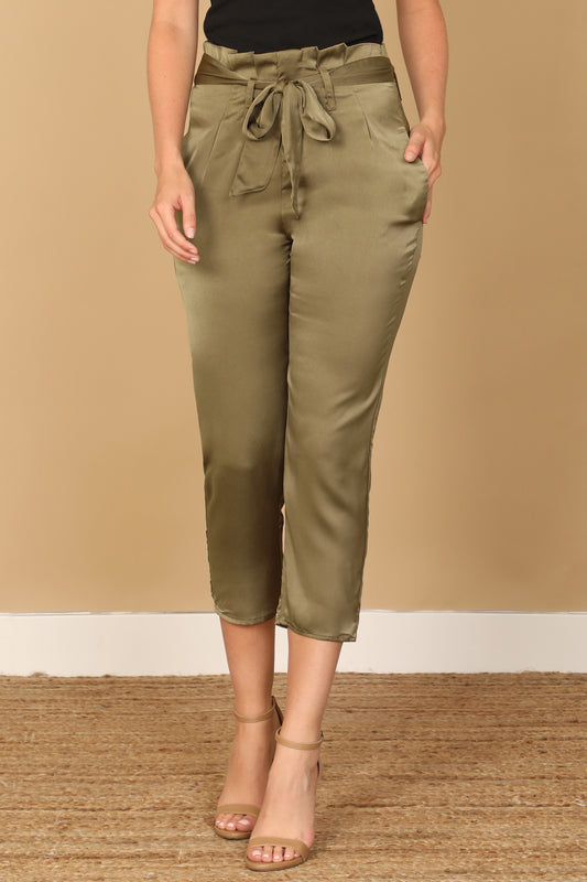 High Waist Paperbag Tie Waist Cropped Satin Pants