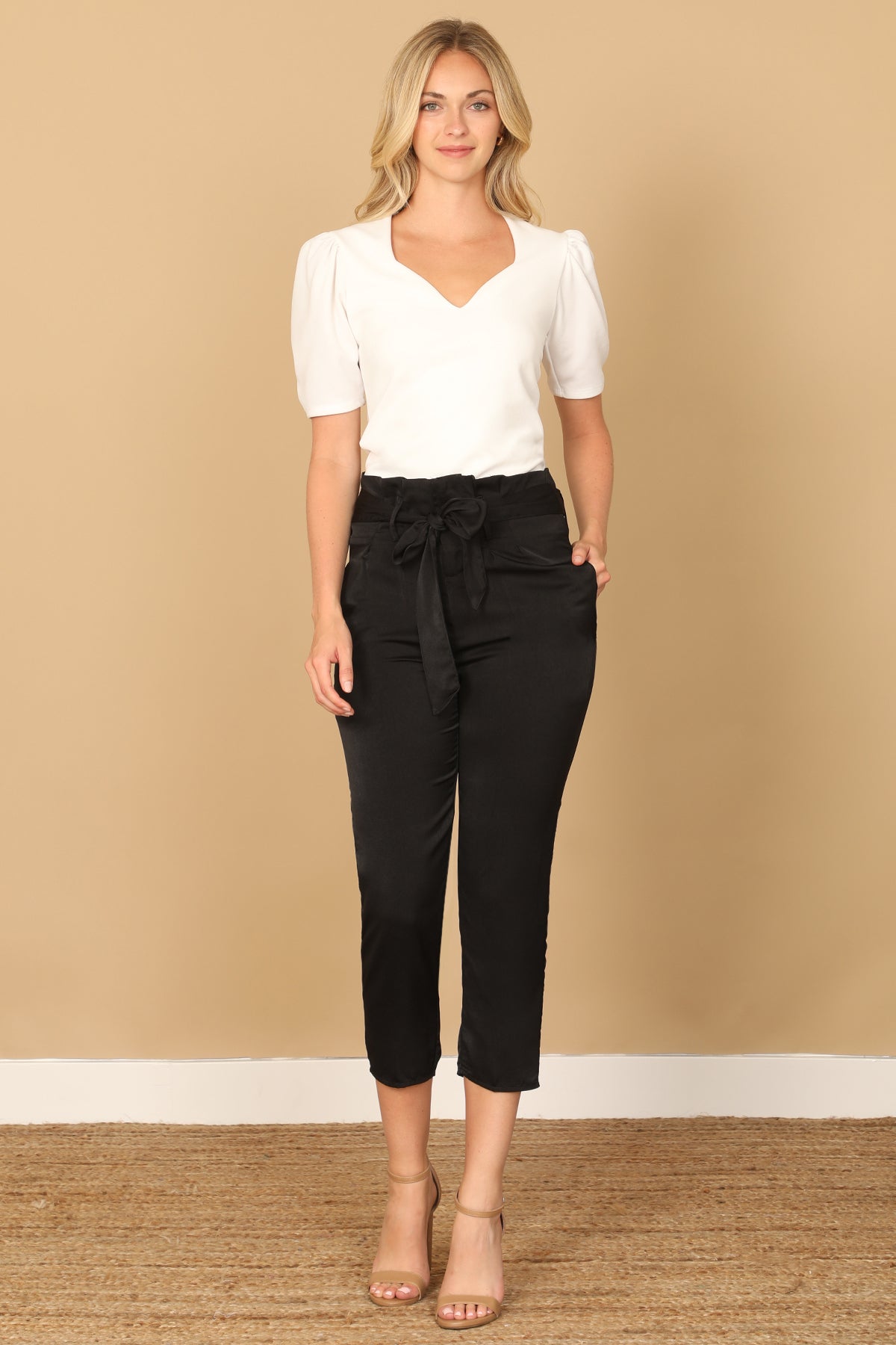 High Waist Paperbag Tie Waist Cropped Satin Pants