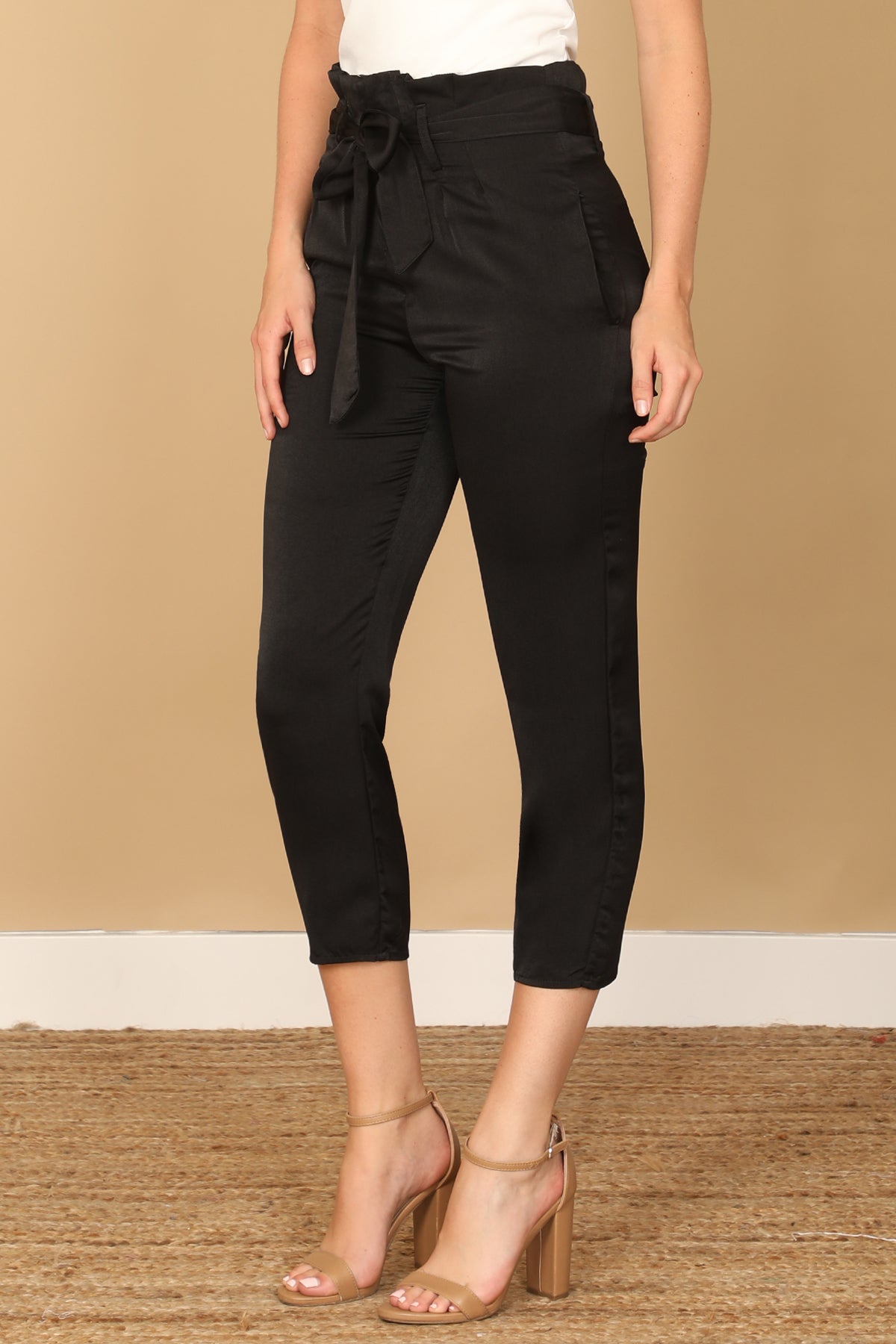 High Waist Paperbag Tie Waist Cropped Satin Pants