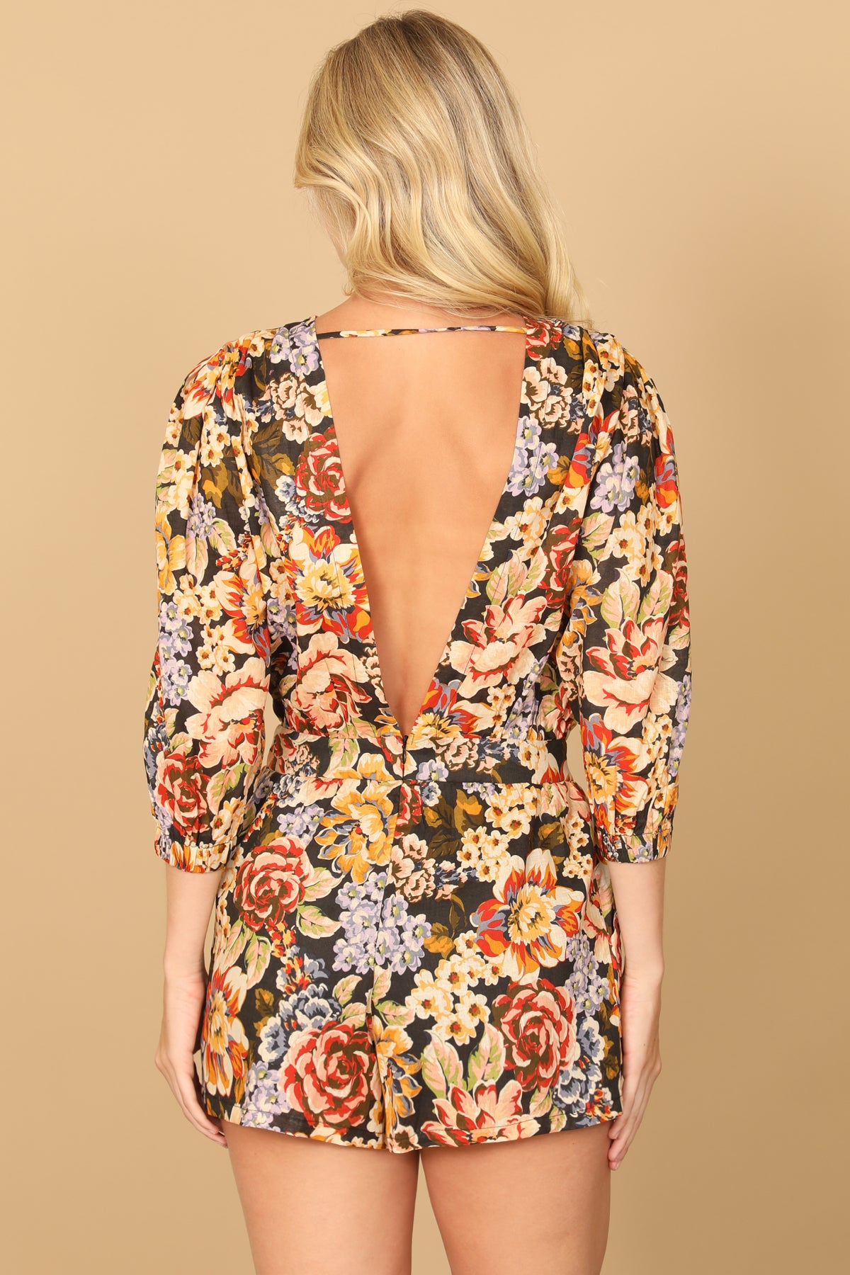 Floral Quarter Sleeve Open Deep Back Romper