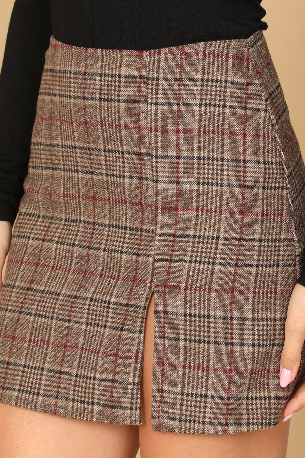 High Waist Plaid Front Slit Mini Skirt