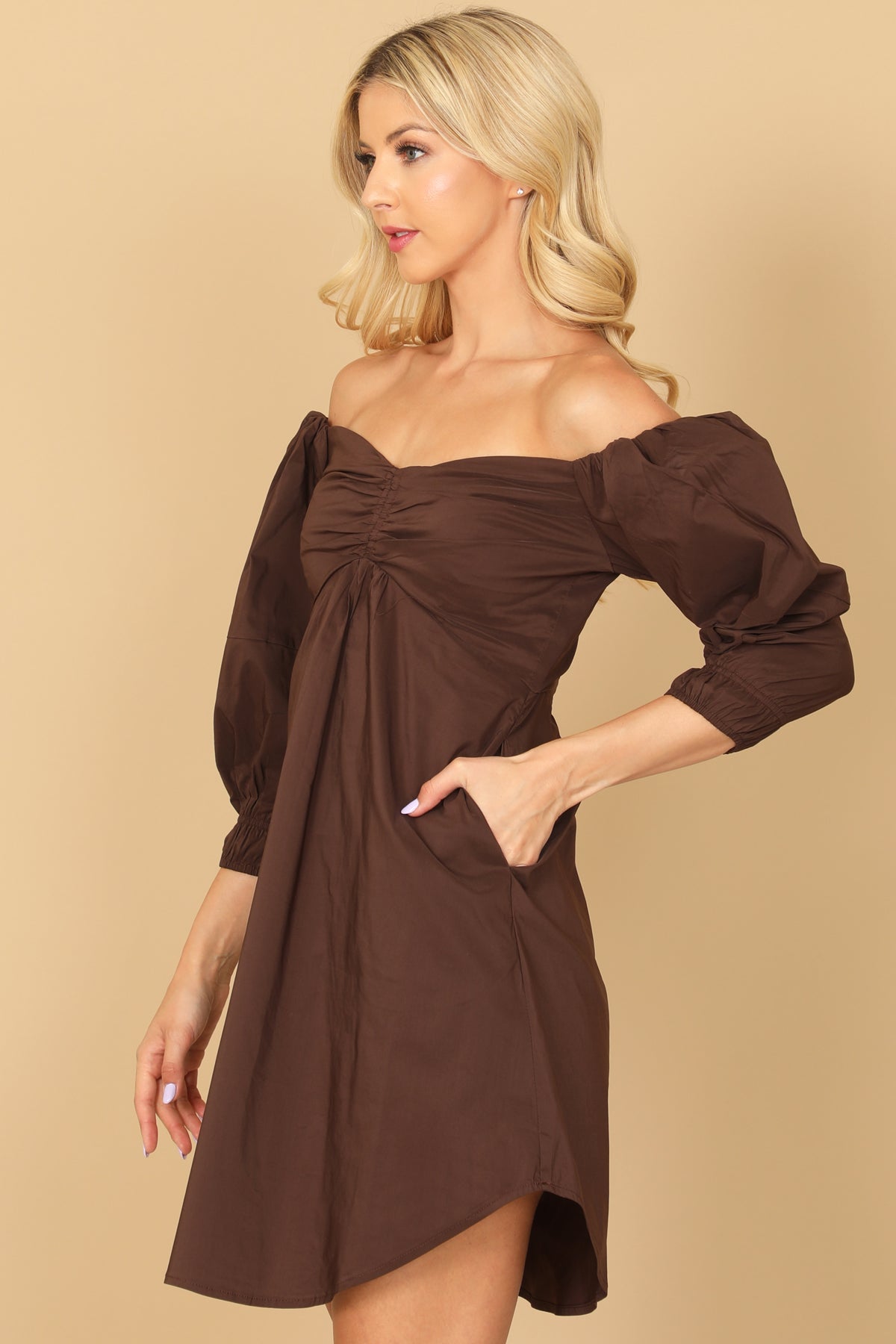 Off Shoulder Ruched Front Curve Hem Solid Mini Dress