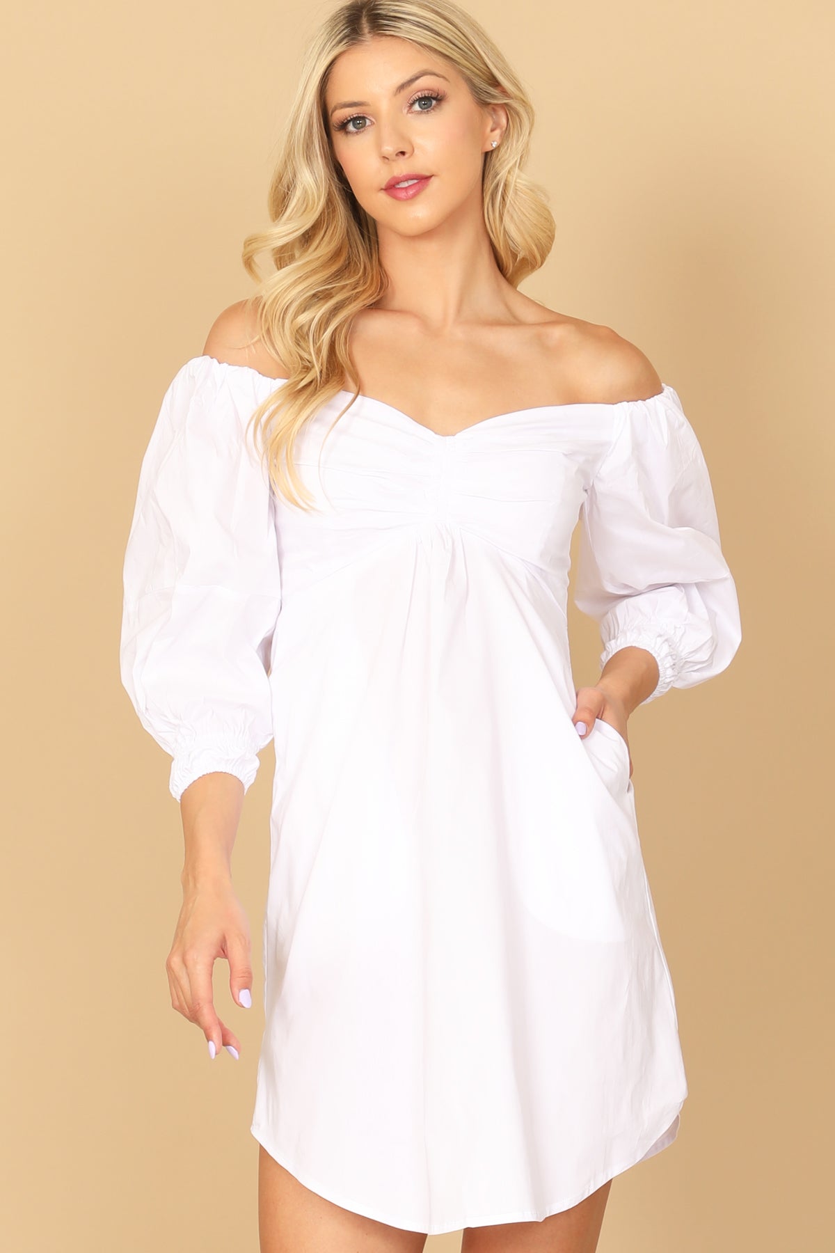 Off Shoulder Ruched Front Curve Hem Solid Mini Dress