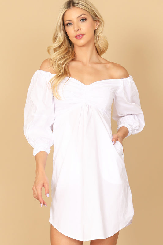 Off Shoulder Ruched Front Curve Hem Solid Mini Dress