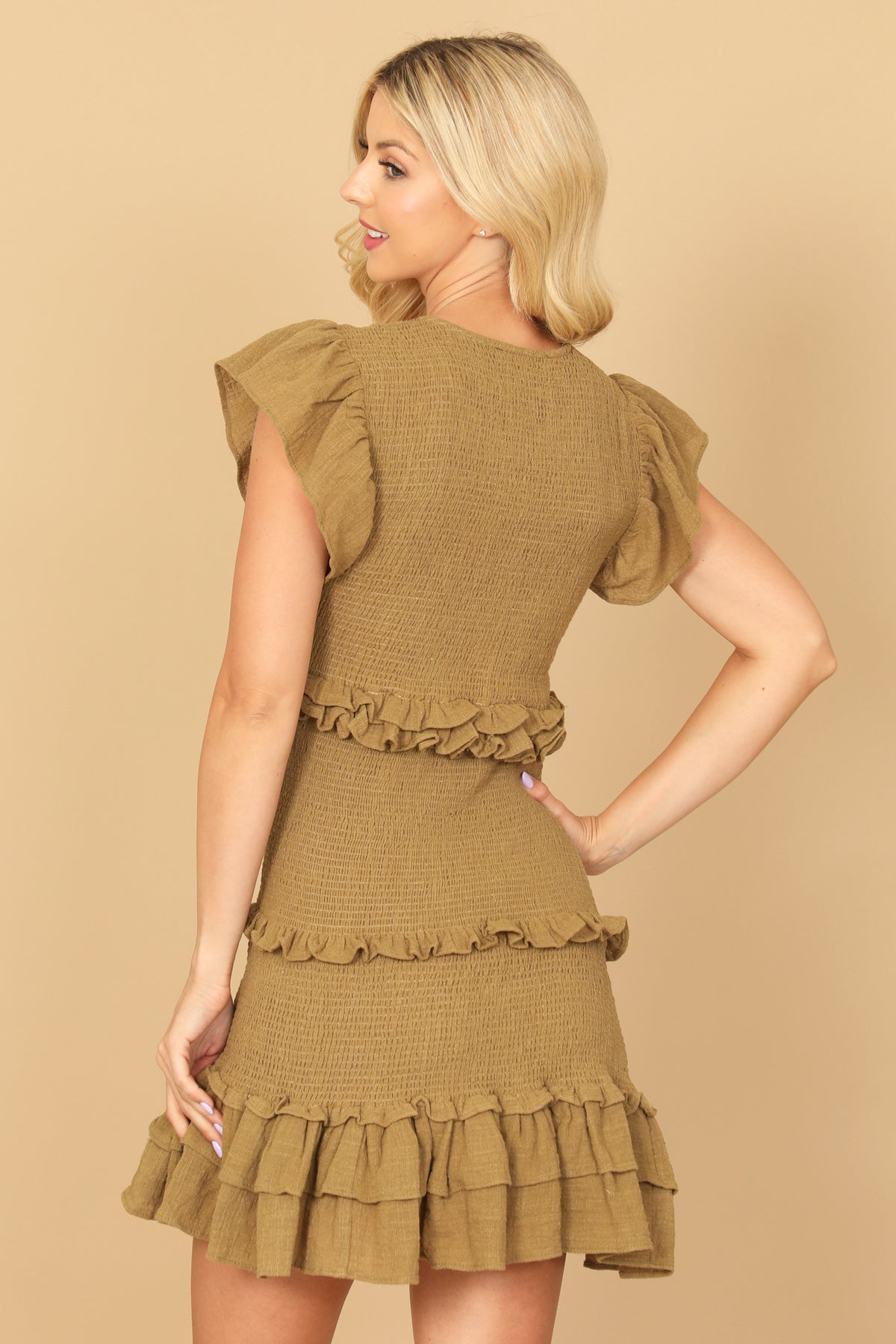 Ruffle Detail Shirring Mini Dress
