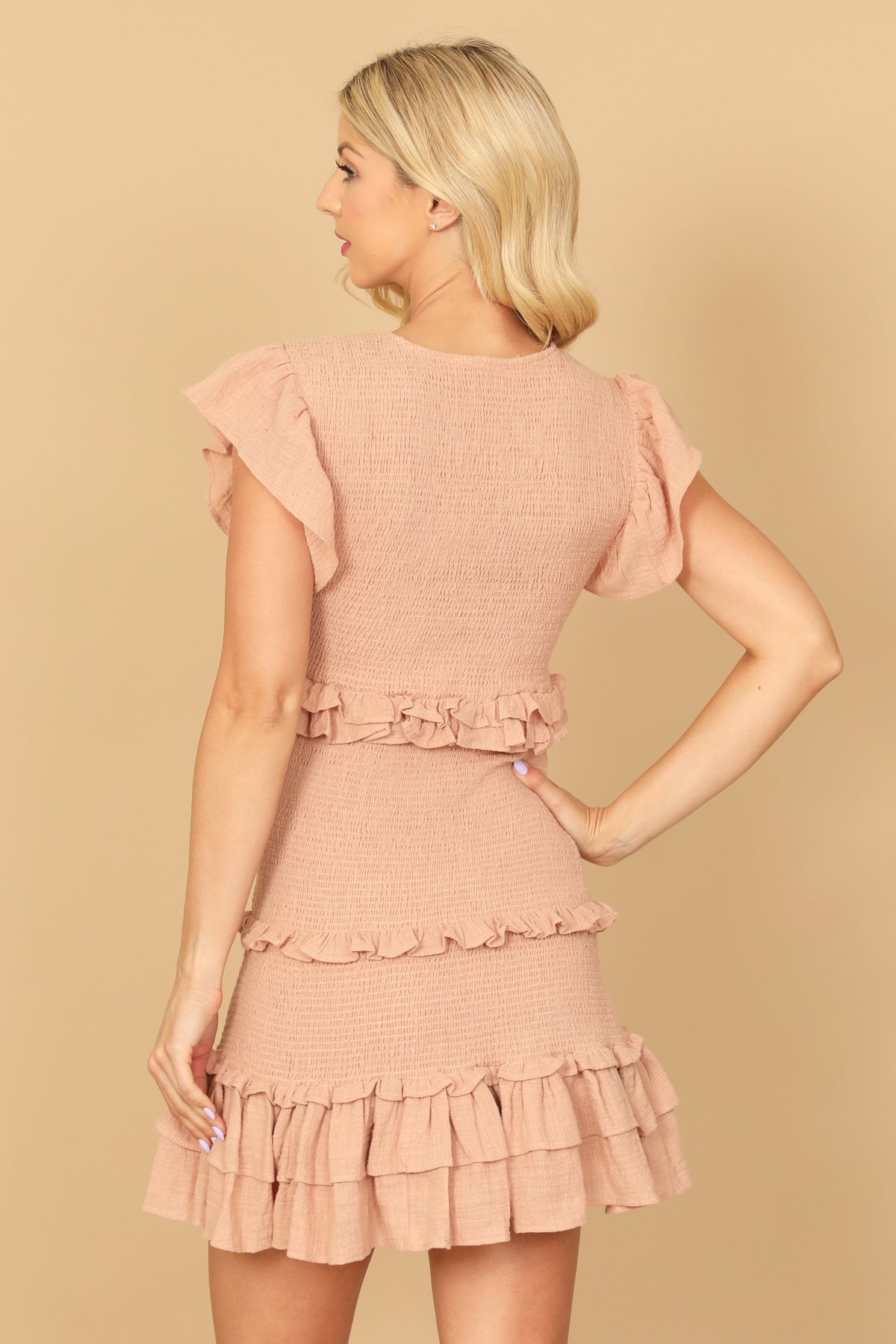 Ruffle Detail Shirring Mini Dress