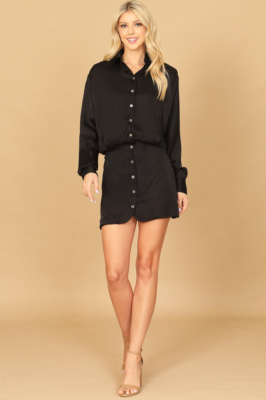 Button Down Blouson Solid Dress
