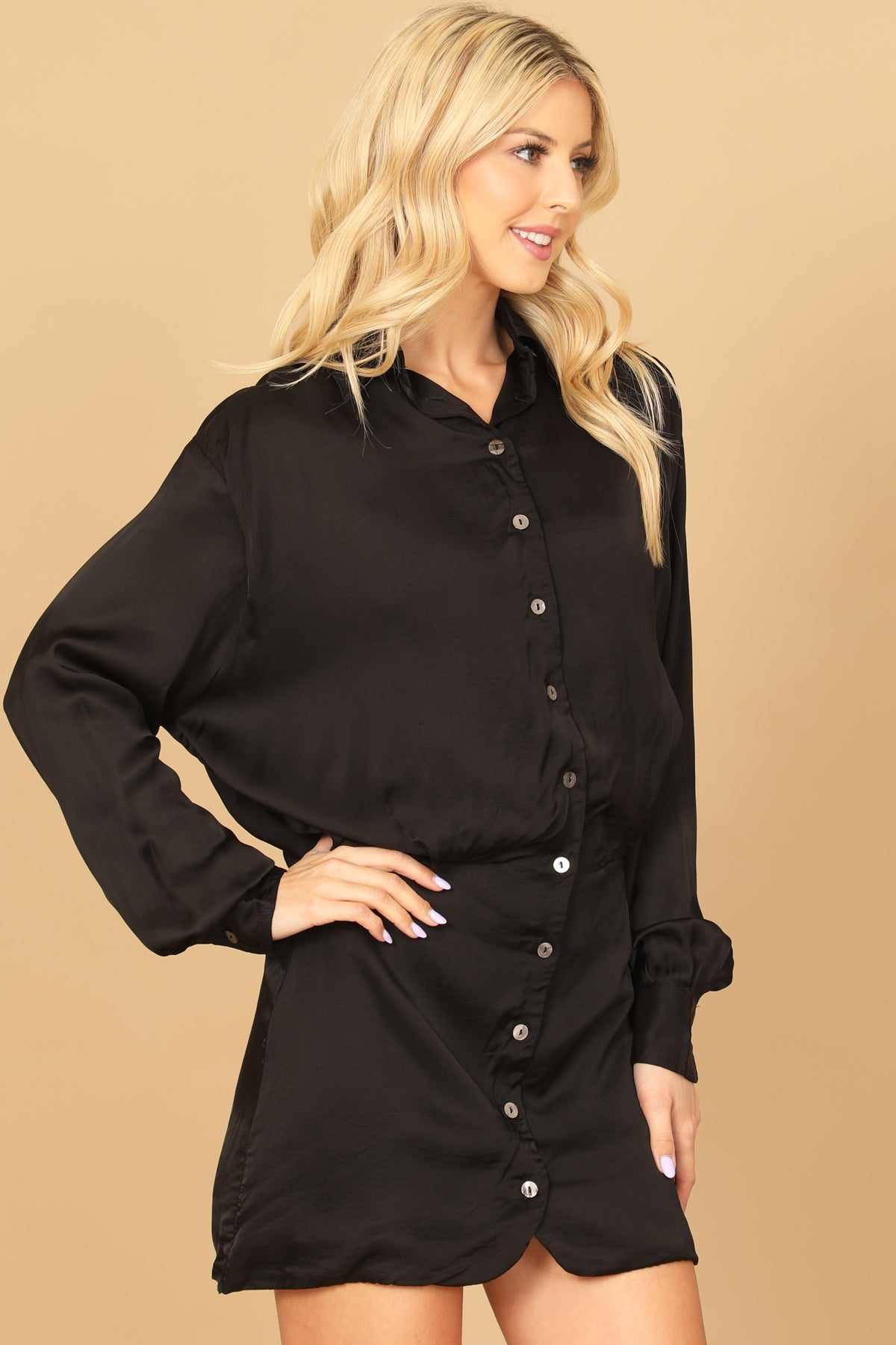 Button Down Blouson Solid Dress