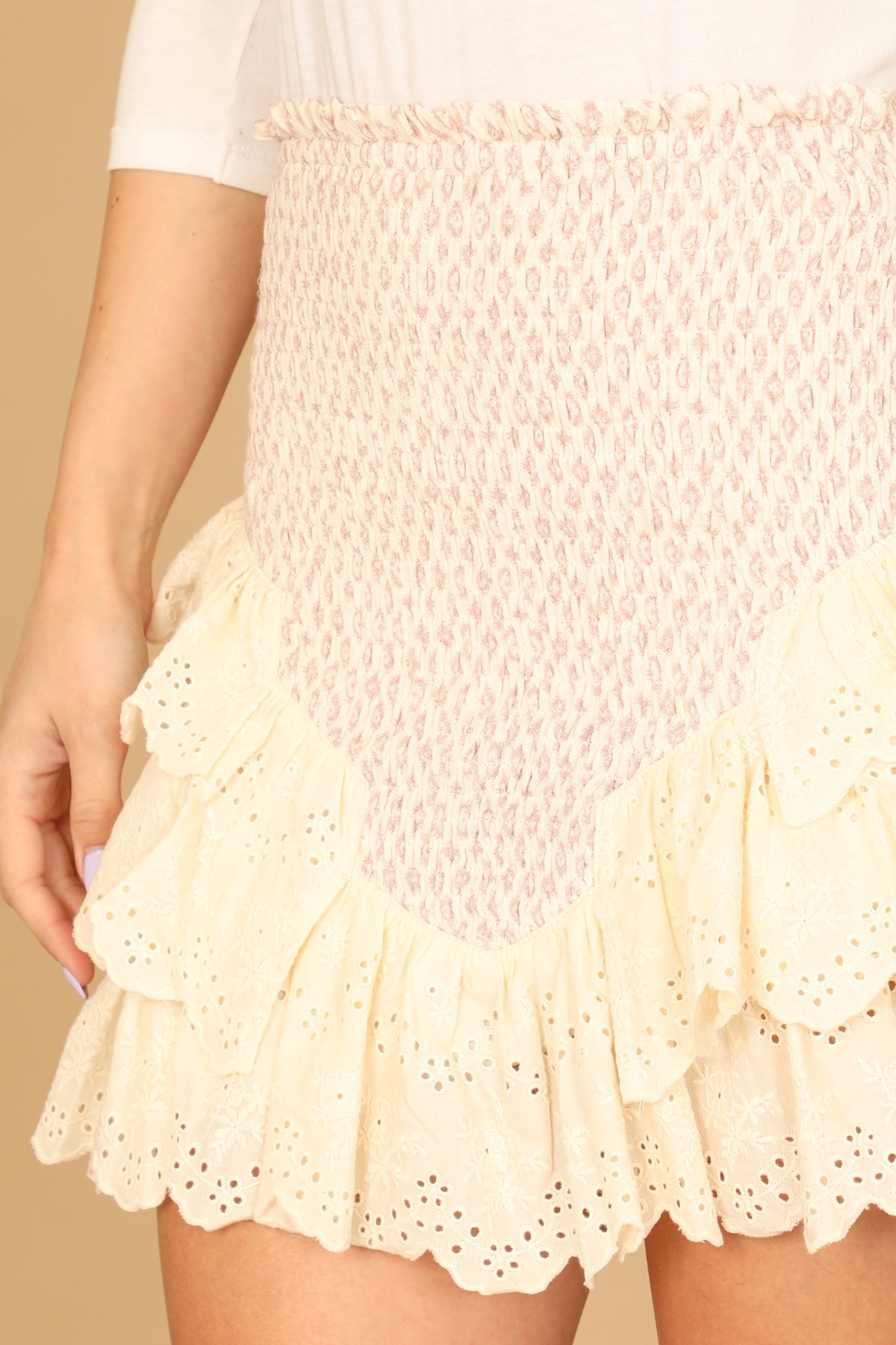 Smocked Waist Eyelet Ruffle Mini Skirt