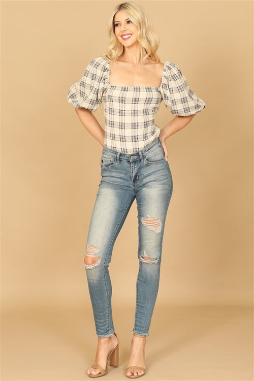 Plaid Square Neck Open Back Puff Sleeve Bodysuit