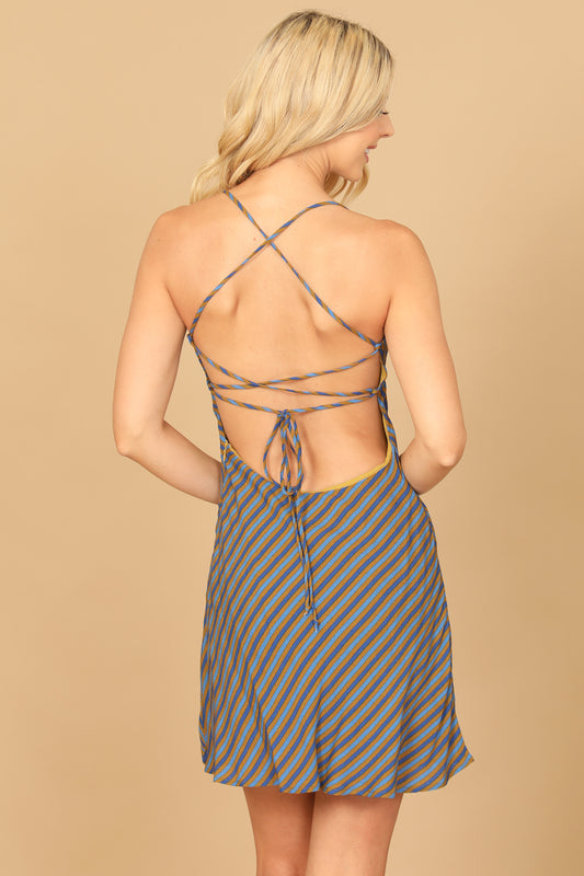 Striped Cowl Neck Spaghetti Strap Mini Dress