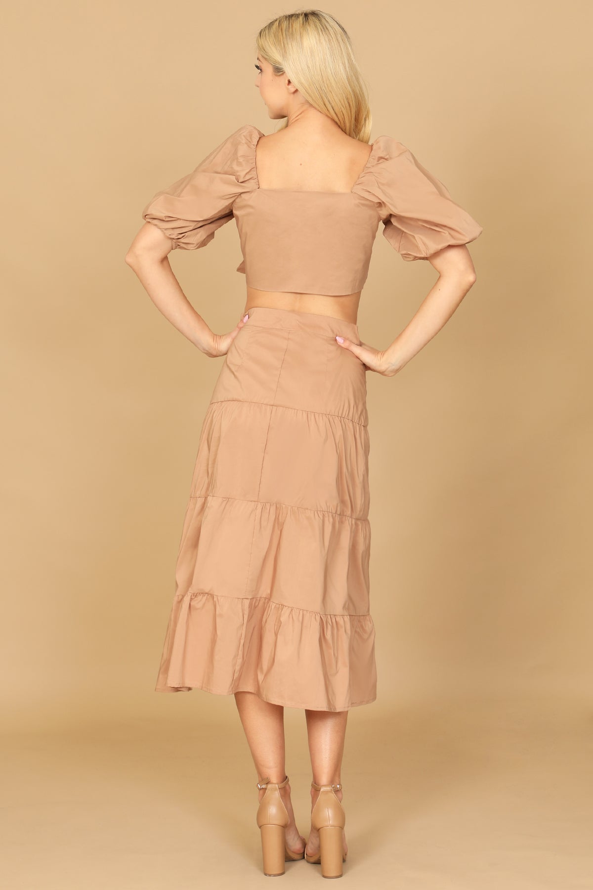Tie-Front Puff Sleeve Crop Top & Tiered Midi Skirt Set