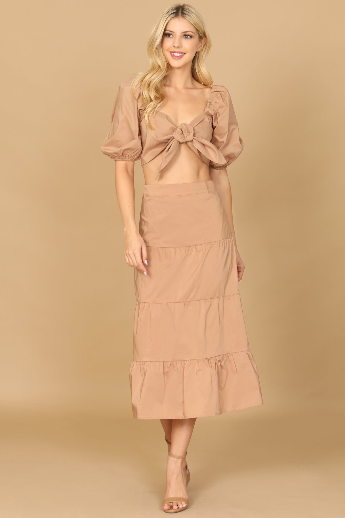 Tie-Front Puff Sleeve Crop Top & Tiered Midi Skirt Set
