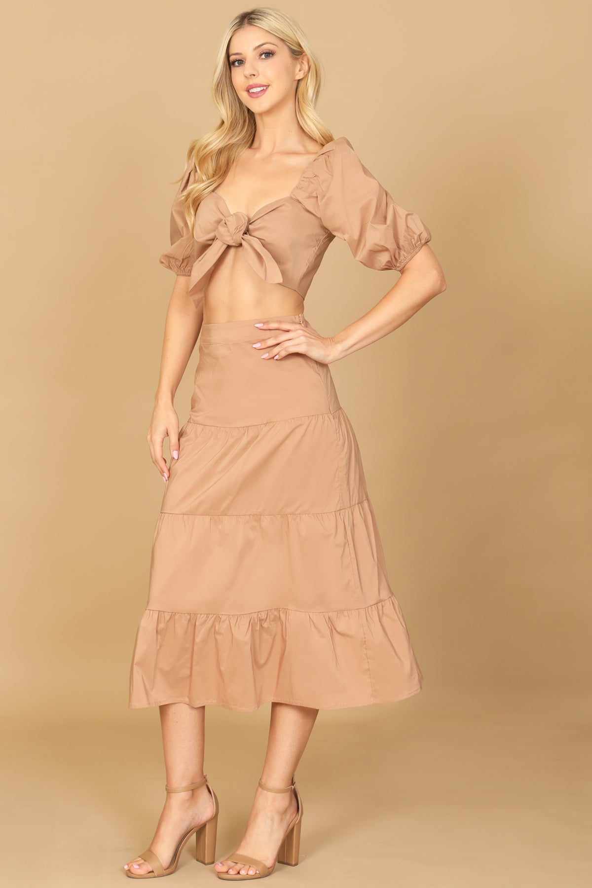 Tie-Front Puff Sleeve Crop Top & Tiered Midi Skirt Set