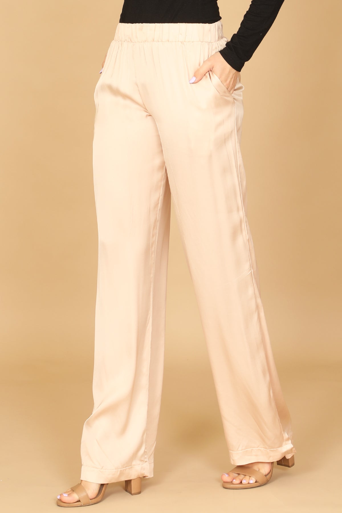 Satin Elastic Waist Wide Leg Pants with Pockets