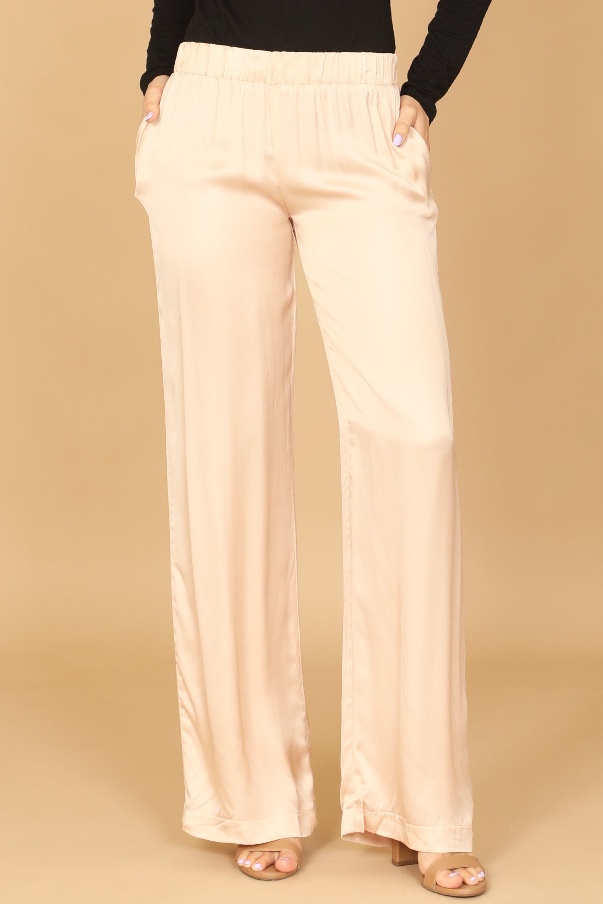 Satin Elastic Waist Wide Leg Pants with Pockets