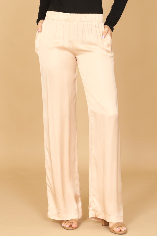 Satin Elastic Waist Wide Leg Pants with Pockets