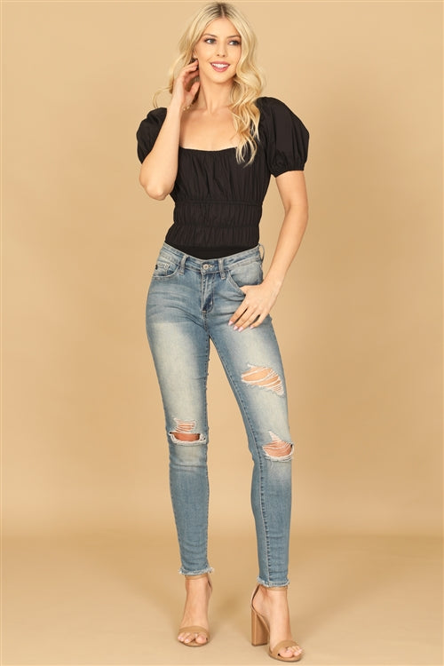 Solid Square Neck Puff Sleeve Smocked Bodysuit