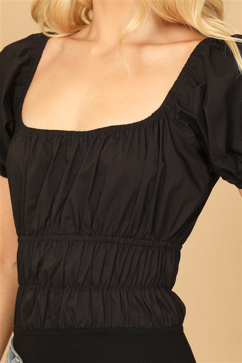 Solid Square Neck Puff Sleeve Smocked Bodysuit
