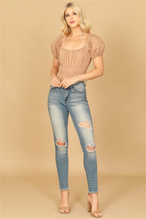 Solid Square Neck Puff Sleeve Smocked Bodysuit