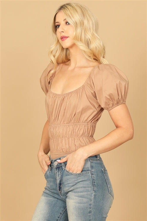 Solid Square Neck Puff Sleeve Smocked Bodysuit