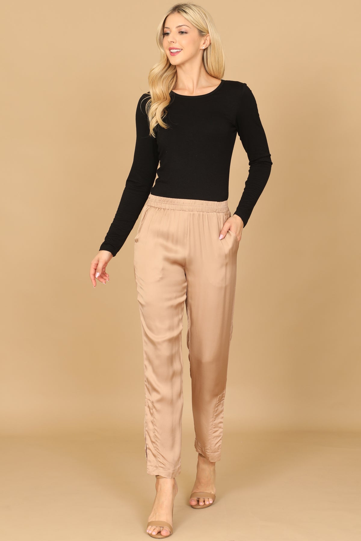 Satin Elastic Waist Straight Leg Pants with Pockets