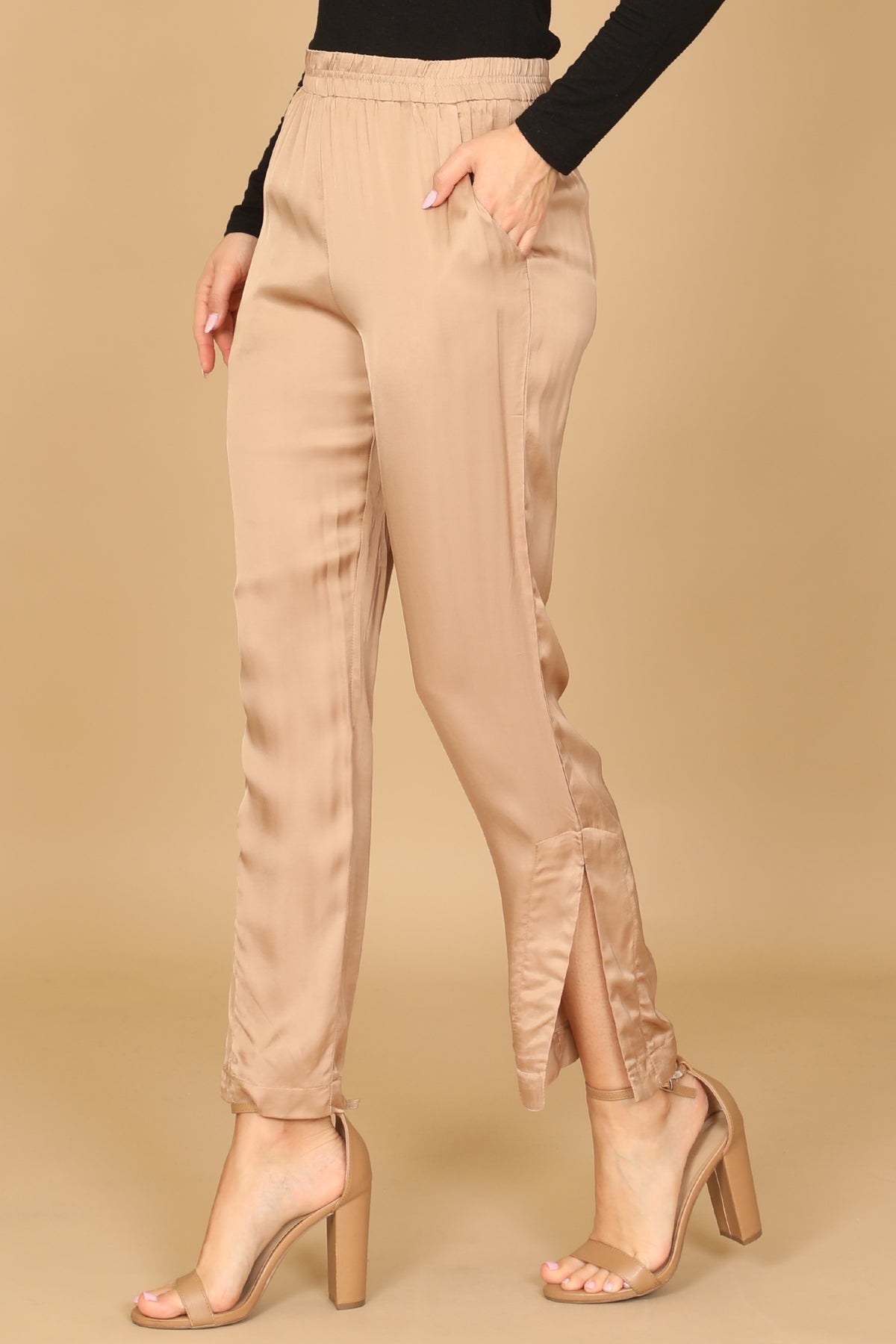 Satin Elastic Waist Straight Leg Pants with Pockets