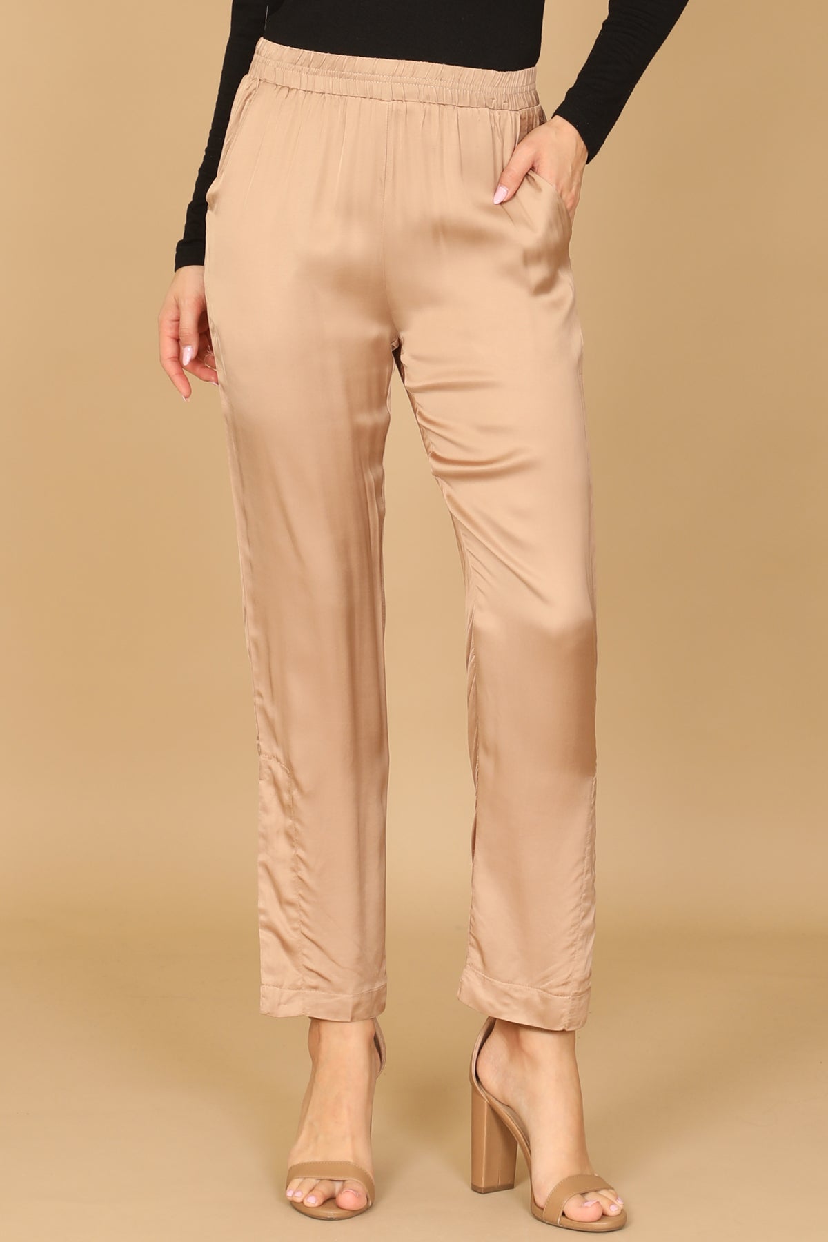 Satin Elastic Waist Straight Leg Pants with Pockets