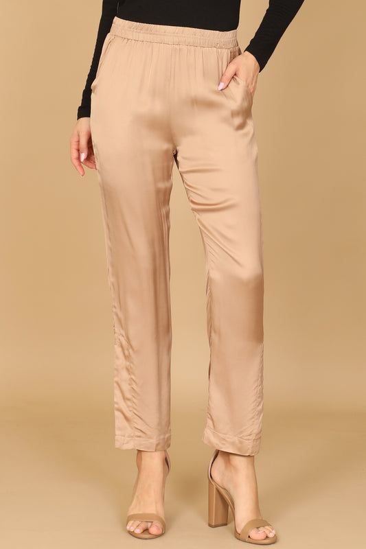 Satin Elastic Waist Straight Leg Pants with Pockets