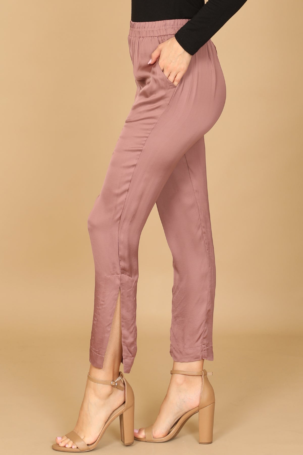 Satin Elastic Waist Straight Leg Pants with Pockets