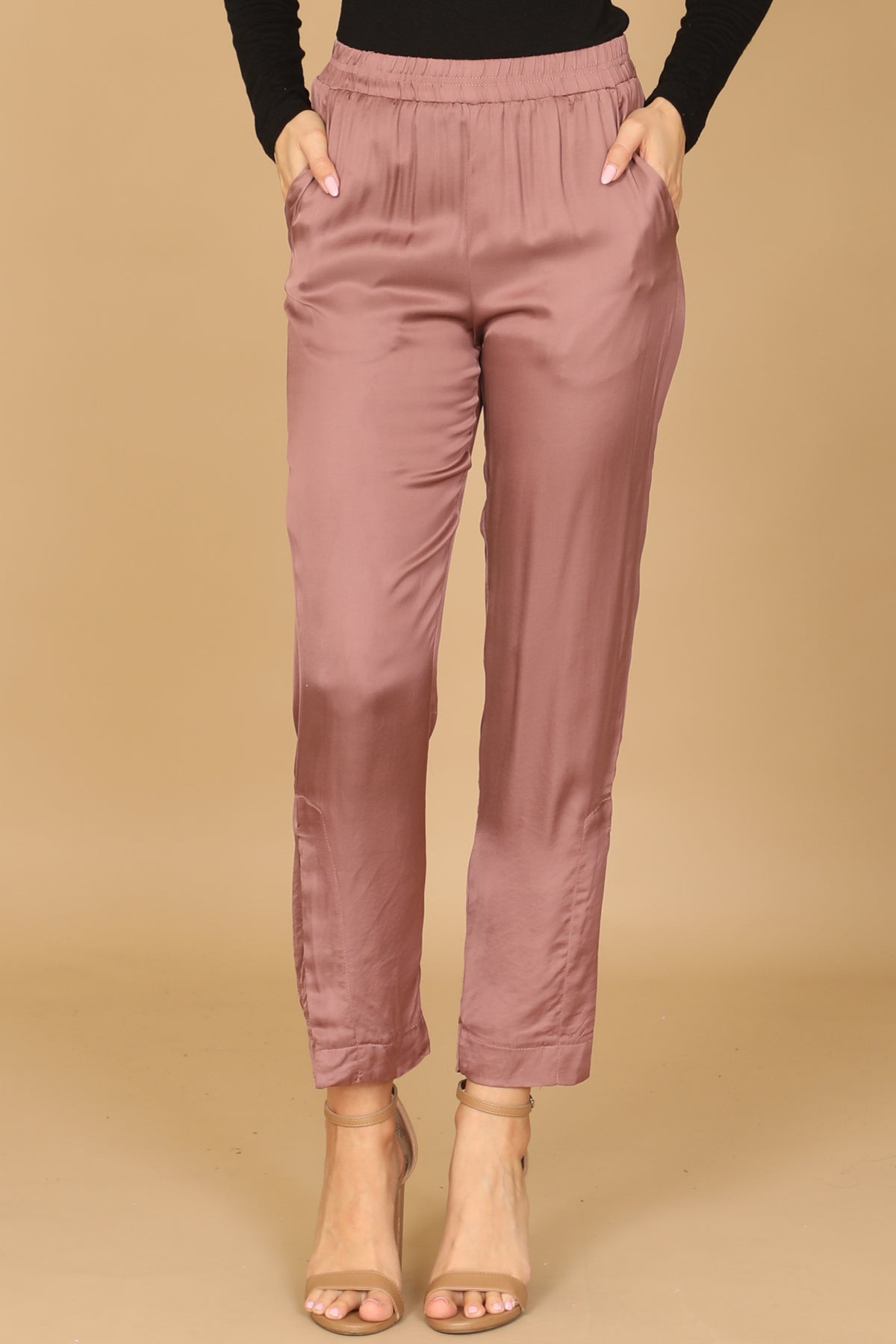 Satin Elastic Waist Straight Leg Pants with Pockets