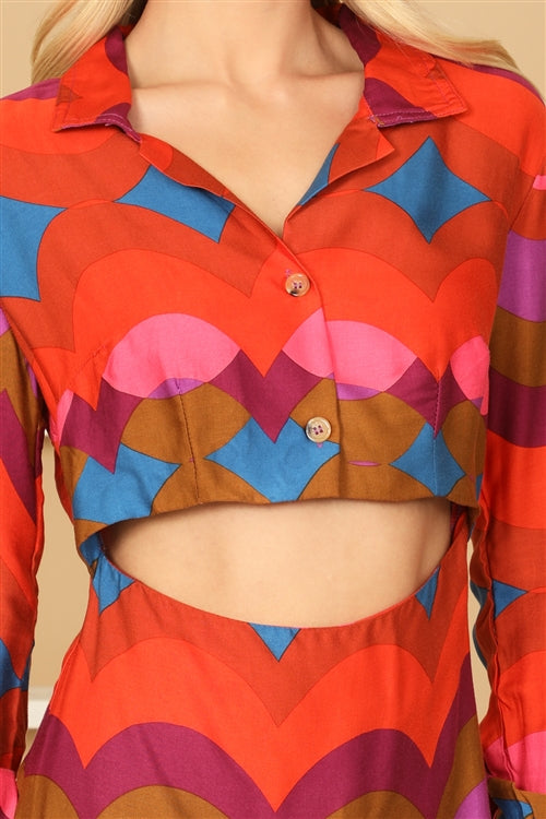 Front Cut-Out Scallop Print Dress