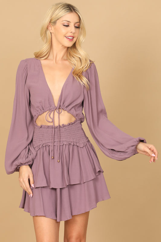 Front Cut-Out Deep Neck Tiered Hem Dress