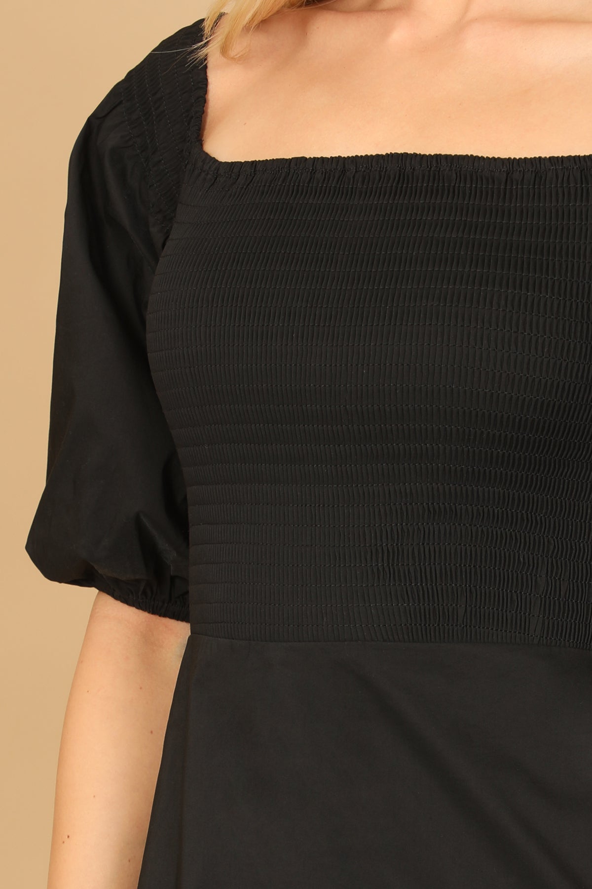 Puff Sleeve Smocked Ruffle Hem Solid Dress