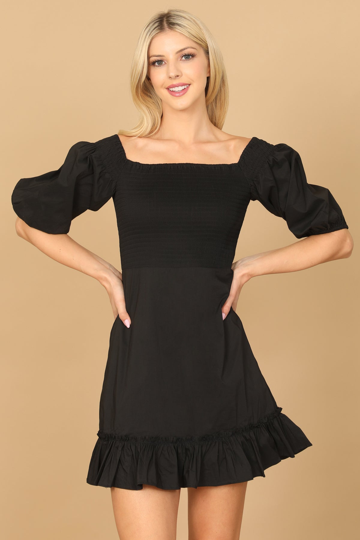 Puff Sleeve Smocked Ruffle Hem Solid Dress