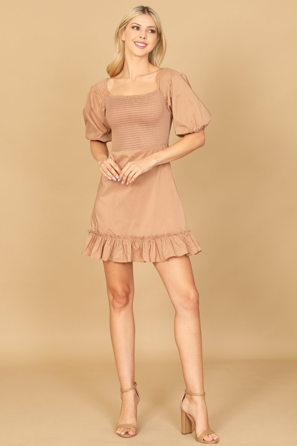 Puff Sleeve Smocked Ruffle Hem Solid Dress